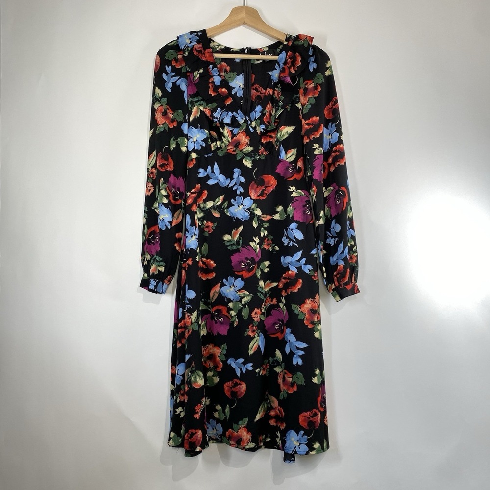 Lulus Dark Feminine Romantic Floral Long Sleeve Midi Dress Size XS Ruffle V Neck